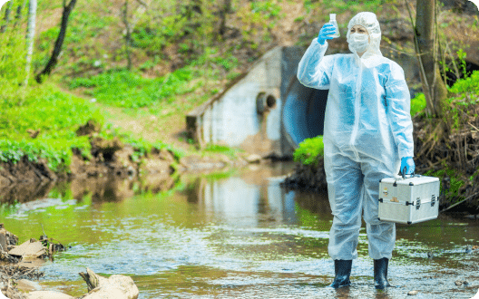 A sanitation worker with a hazmat suit standing in a lake