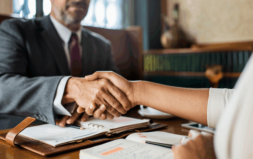 Two professionals shaking hands during a probate mediation session, representing a peaceful resolution to a dispute in Florida estate planning.