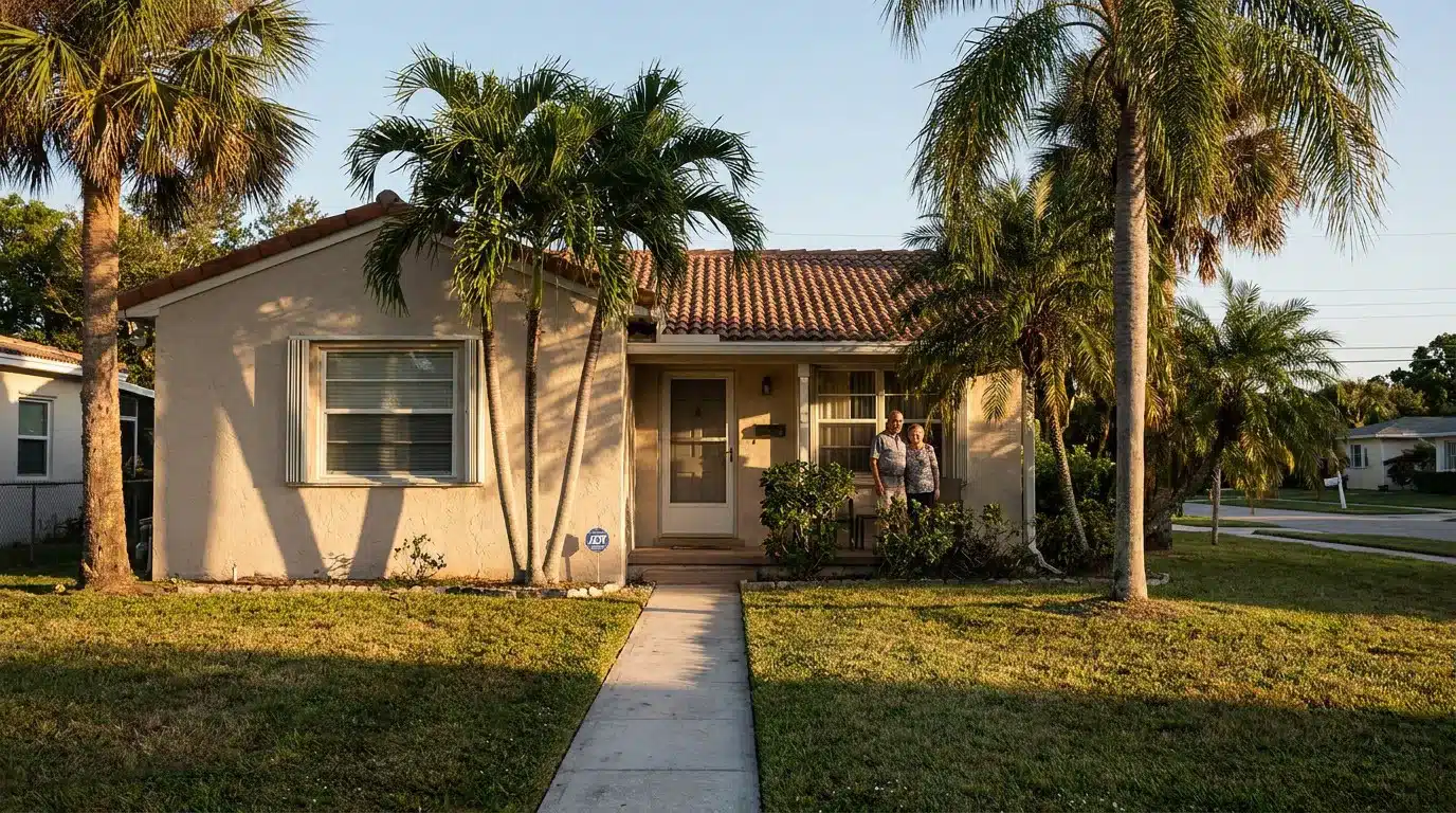 elderly couple standing at front door of Florida stucco home with palm trees
