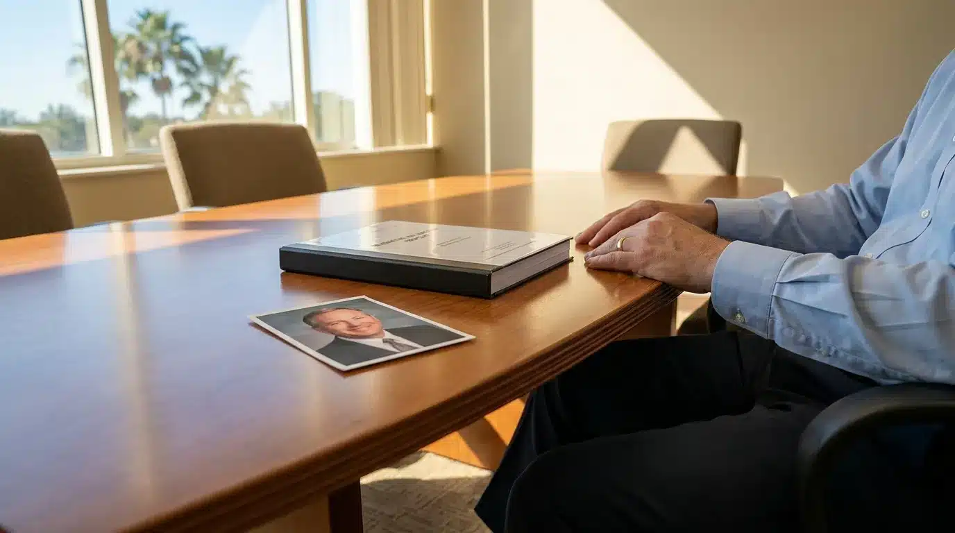 person seated at conference table with bound report and professional headshot photo