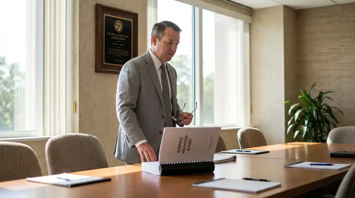 attorney reviewing Business Valuation Report in conference room with Florida State Bar Association plaque