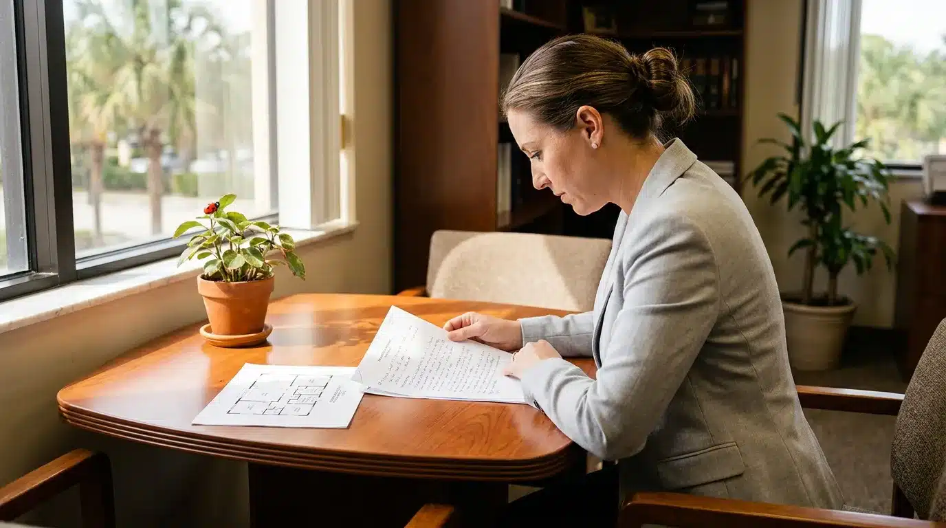 female attorney in blazer reviewing handwritten legal documents at office table