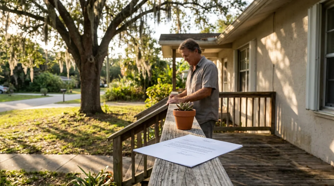man standing on residential porch with legal document placed on wooden railing