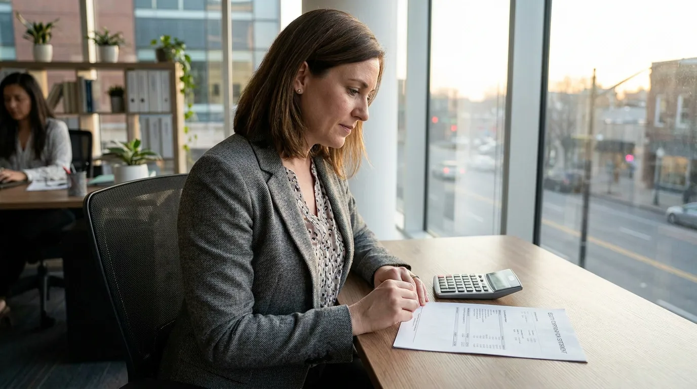 professional woman reviewing printed document beside calculator at office desk