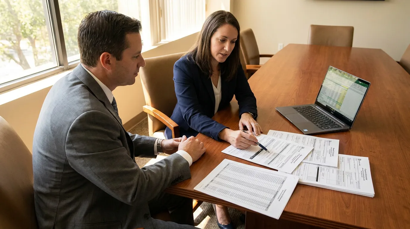 two attorneys reviewing printed legal documents and spreadsheet on conference room table