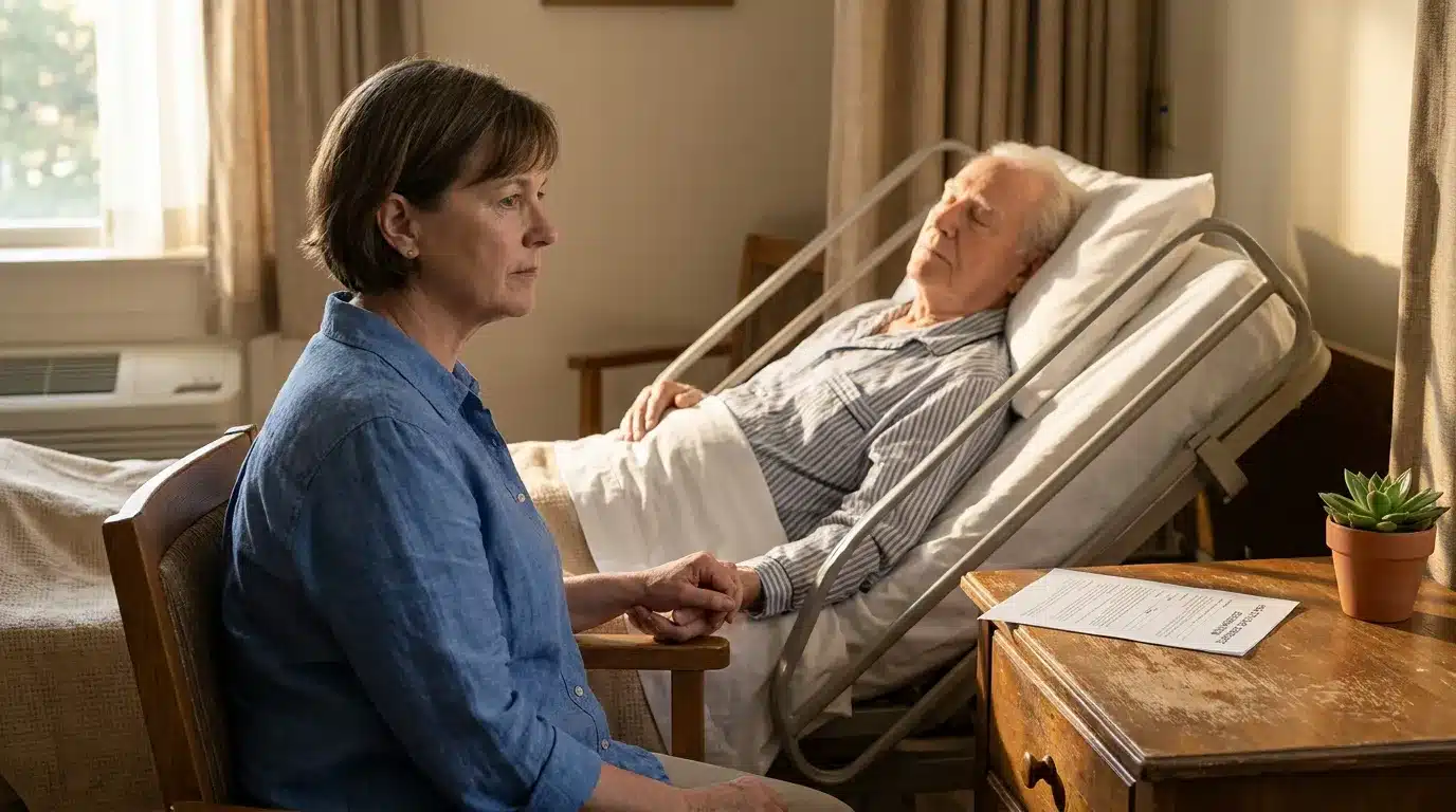 woman seated beside elderly man resting in hospital bed with document on nightstand