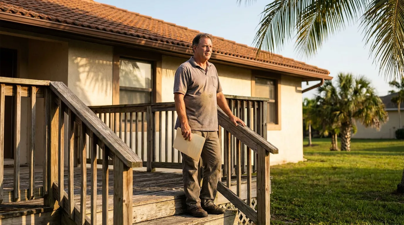 man holding documents standing on wooden porch steps outside residential property
