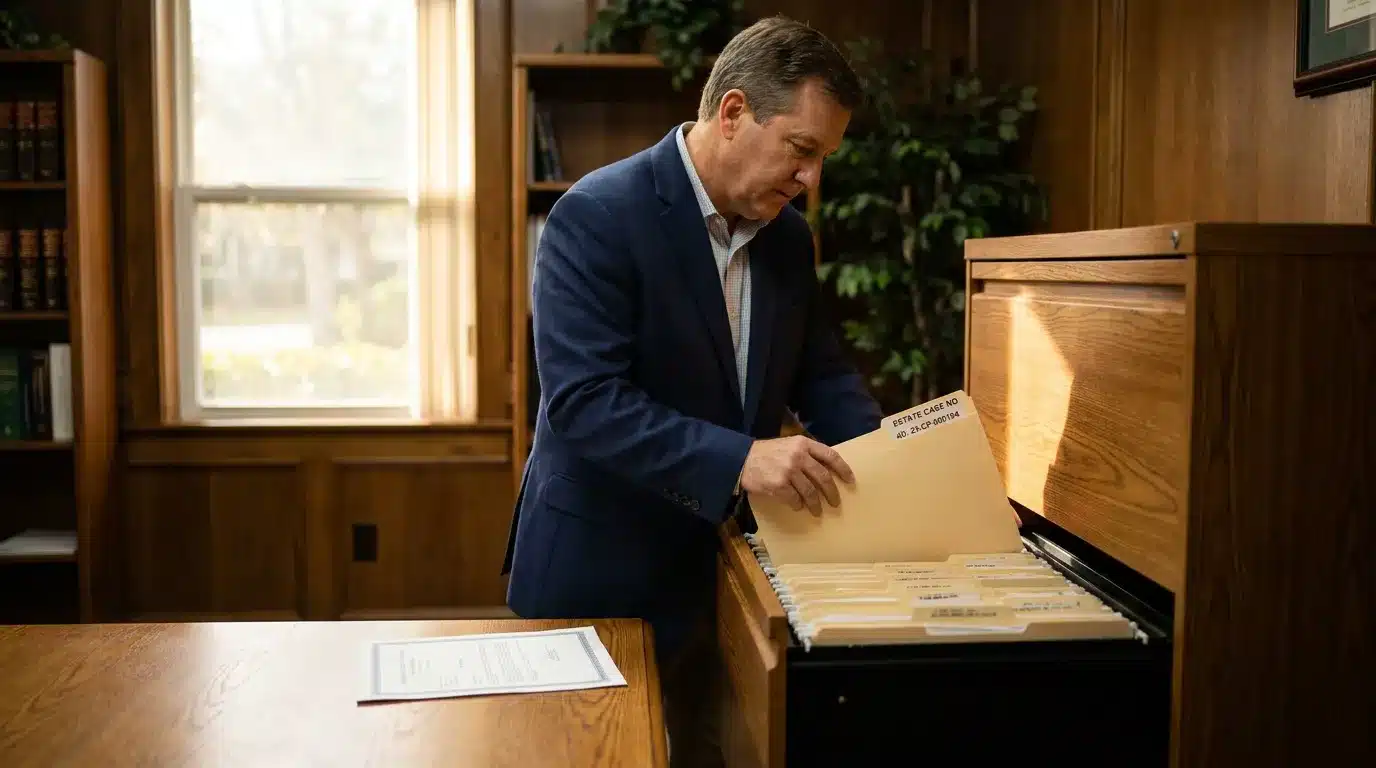attorney retrieving labeled estate case file folder from office filing cabinet