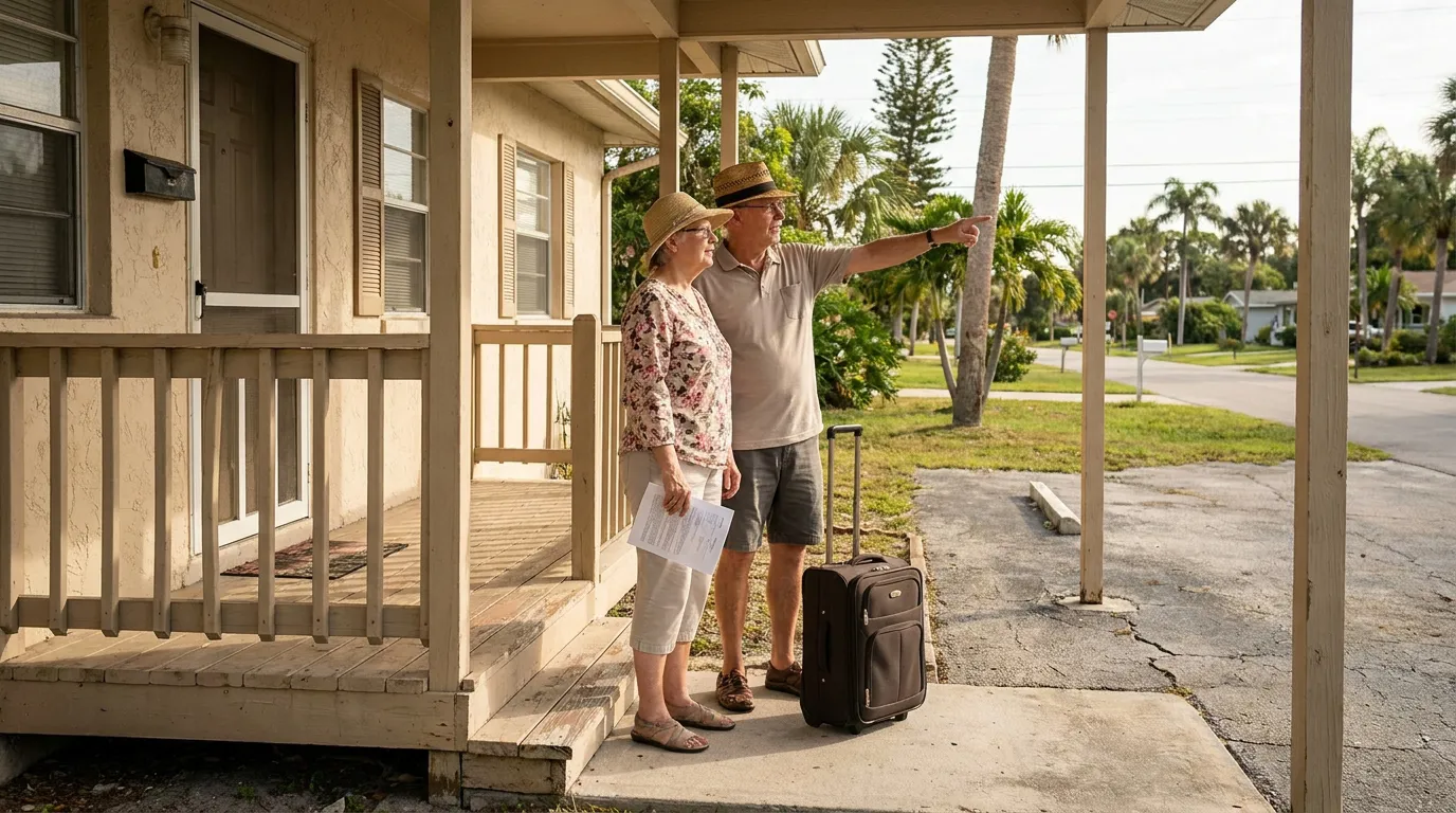 senior couple with luggage and documents standing outside rental property porch