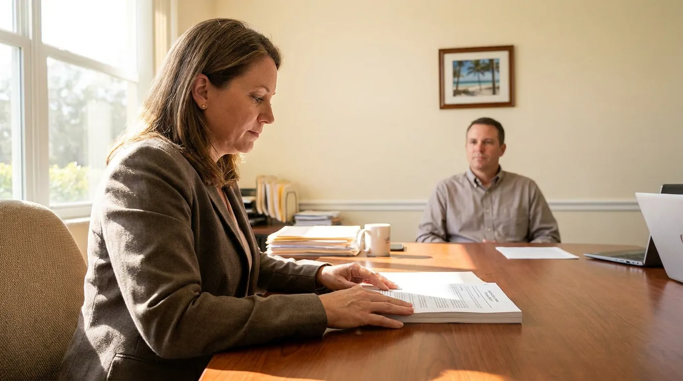 female attorney reviewing legal documents at conference table with client seated across