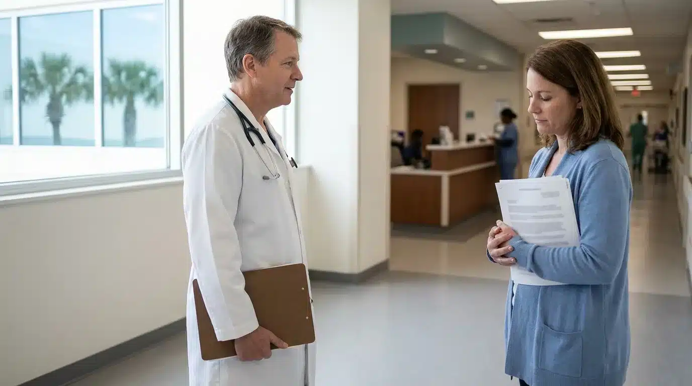 Doctor in white coat with stethoscope and clipboard speaking with woman holding papers in hospital corridor
