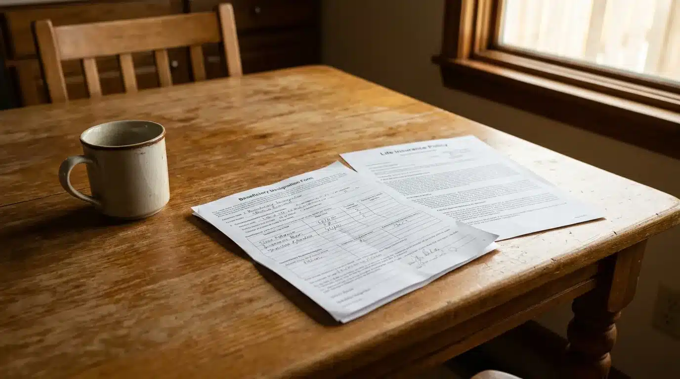 Beneficiary Designation Form and Life Insurance Policy documents on wooden table