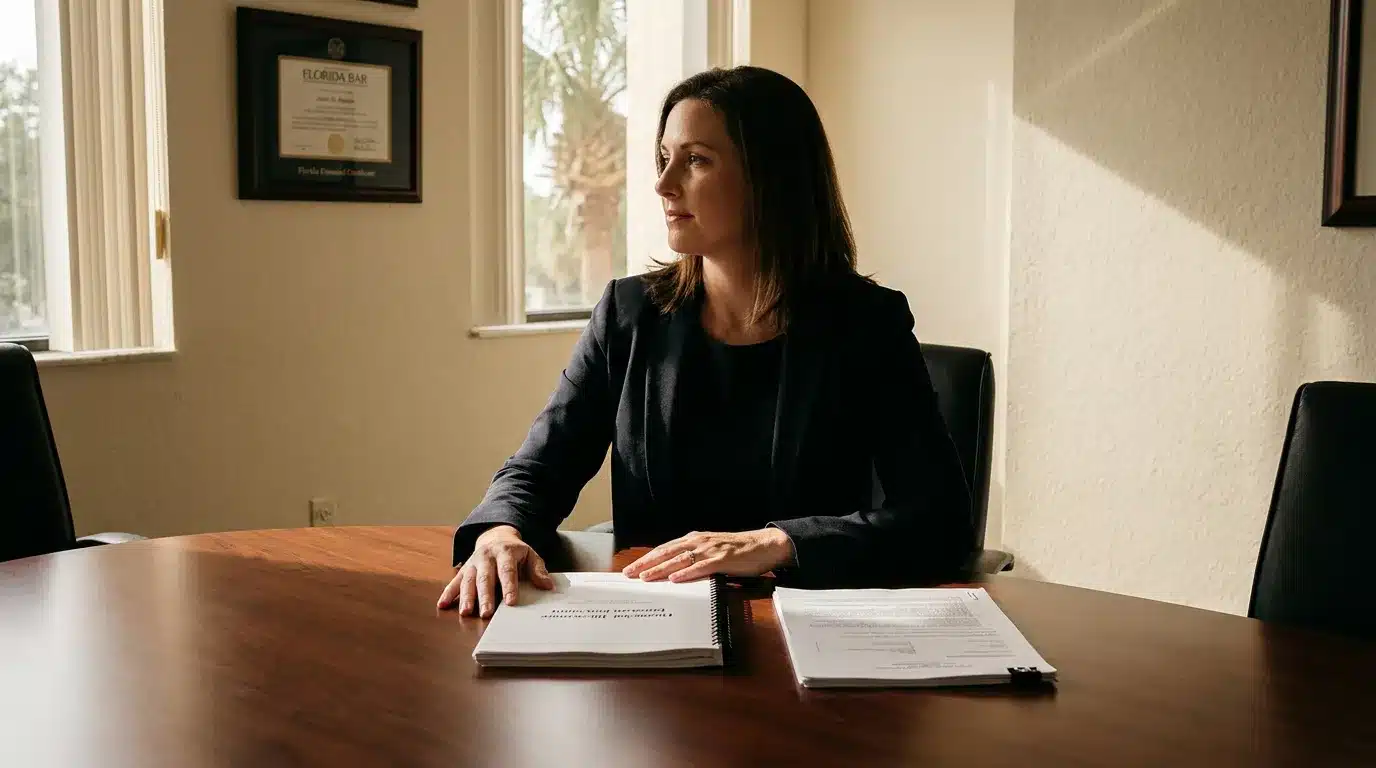 female attorney seated at conference table with legal documents and Florida Bar certificate on wall