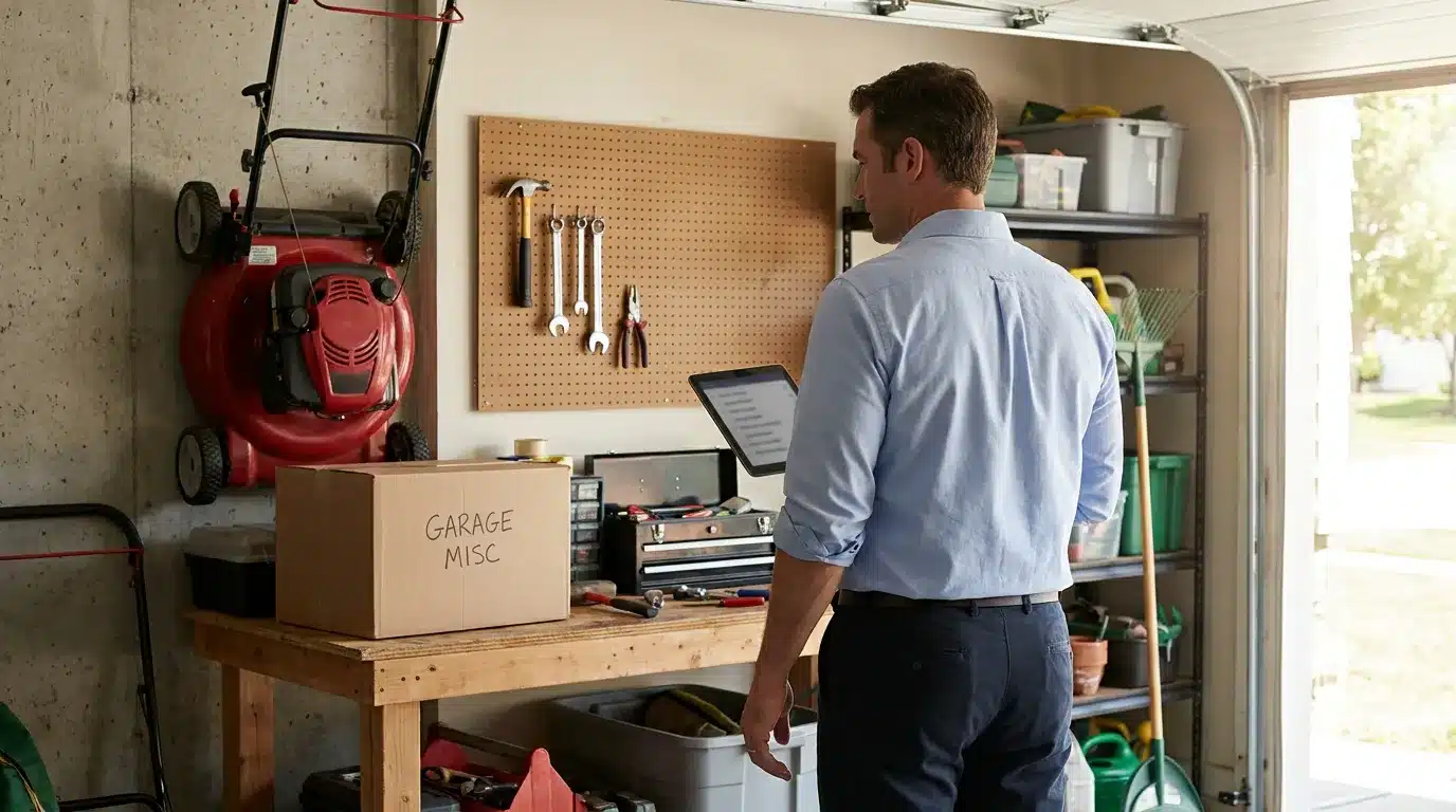 Man reviews tablet beside labeled Garage Misc box and tool pegboard