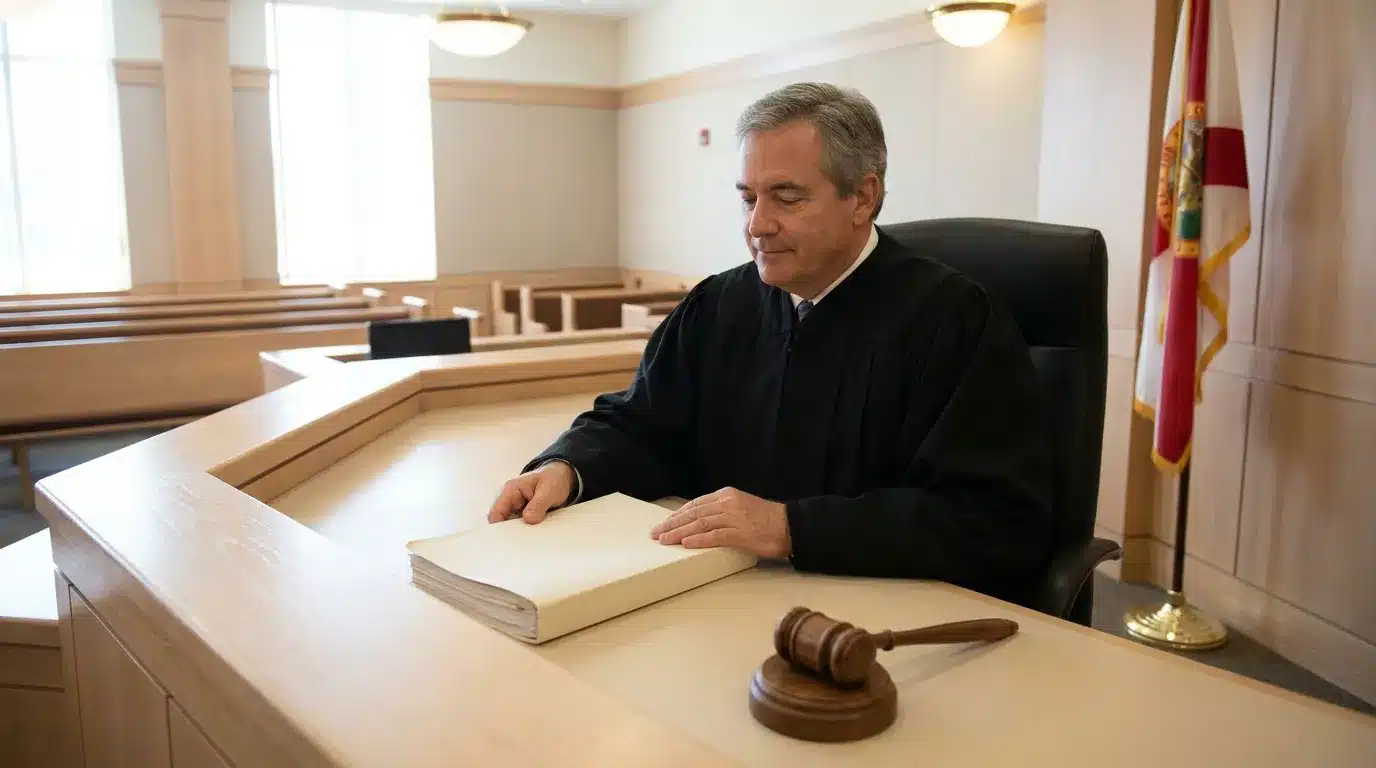 Judge in black robe seated at courtroom bench with open document, gavel, and state flag nearby