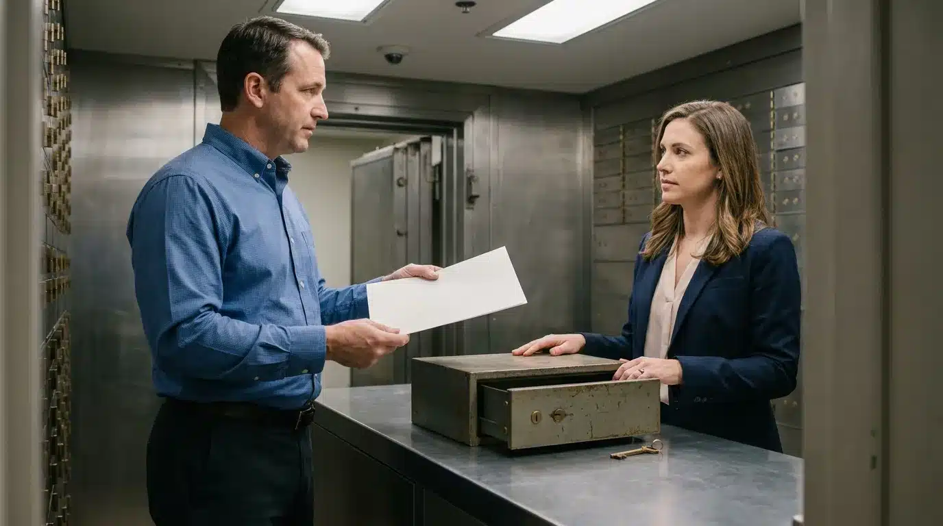 Man holds sealed envelope beside open safe deposit box and key