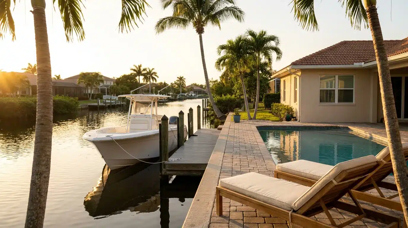 Motorboat moored at wooden dock beside canal-front home with swimming pool, lounge chairs and palm trees