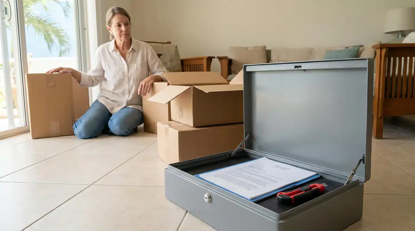 Woman kneeling beside cardboard moving boxes in living room with open metal lockbox holding documents and box cutter